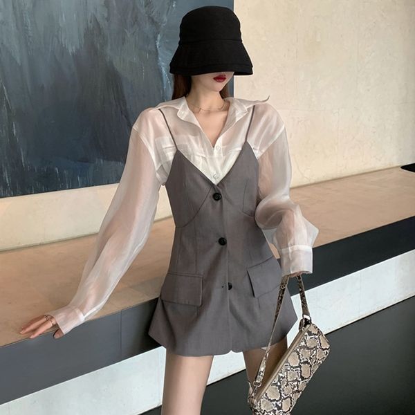 

ni16g осень 2020 рыхлого строп маленькой машины shirtshirt прозрачной осеннего солнце доказательства рубашка из двух частей sling микро shir, Gray