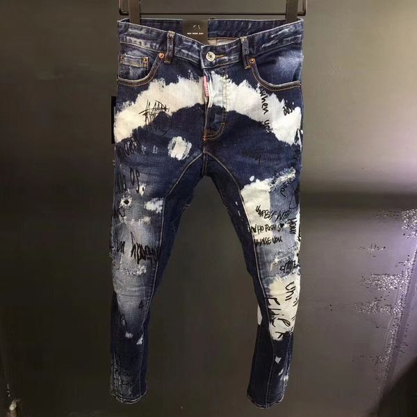 

men's graffiti d2 casual small foot tight jeans, men's torn jeans, Blue