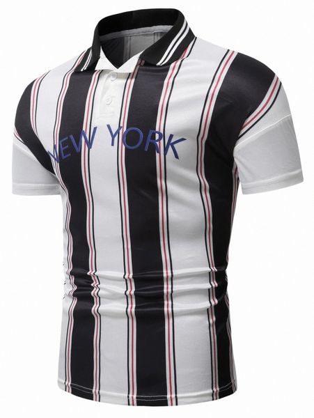 

men letter & block striped print polo shirt i4fg#, White;black