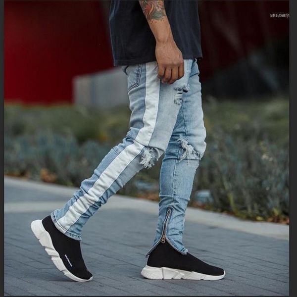 

hzijue homme denim new fashion pants men skinny jeans men streetwear ripped jeans for man fitted bottoms zipper hip hop1, Blue