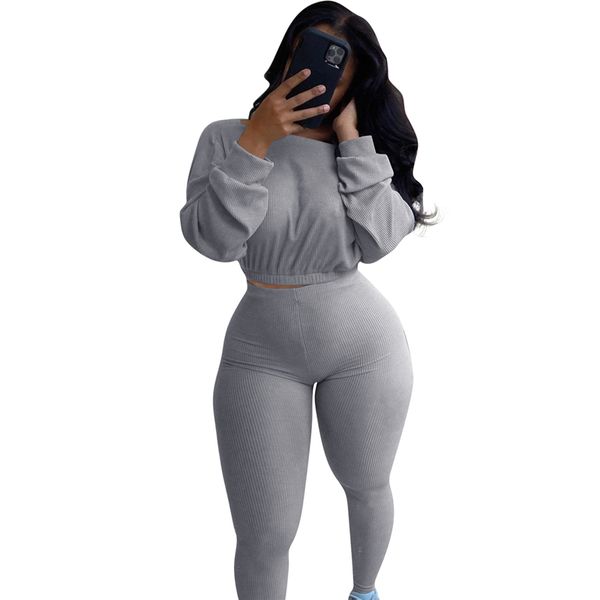 

gym clothing 2021 fashion 2 pcs women's long sleeve sportswear solid color elastic ribbed crop tight-fitting pant outfit tracksuits, White;black