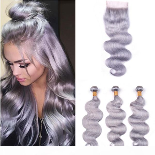

pure grey peruvian hair bundles with closure silver grey body wave human hair weaves 3bundles with lace closure 4x4 grey color hair wefts, Black