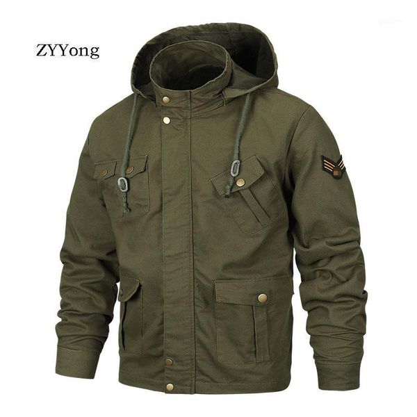 

zyyong bomber men's jacket cotton hooded loose large size multi-pocket tooling casual motorcycle style men's jacket1, Black;brown