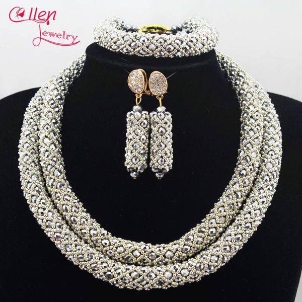 

crystal flower nigerian wedding african beads jewelry set handmade dubai bridal necklace sets bracelet earrings n0028, Silver