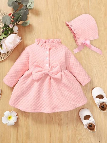 

baby bow front frilled neck quilted dress & hat she01, Red;yellow