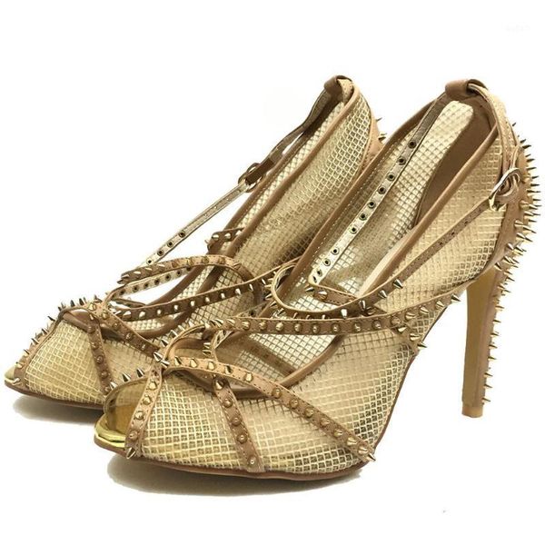 

sandals women peep toe high heels spikes strappy fishnet summer shoes nude us 7.5 eu37.51, Black