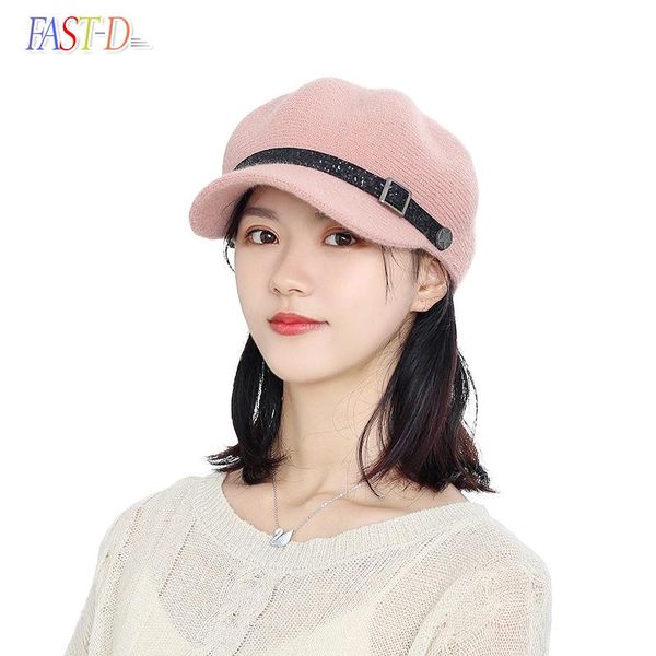

stingy brim hats 2021 hat women's knitted fashion octagonal british baseball cap kpop beret warm trend casual all-match painter, Blue;gray