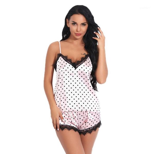 

lingerie pajamas for women home clothes sling nightie satin silk point printin camisole shorts set sleepwear h41, Black;red