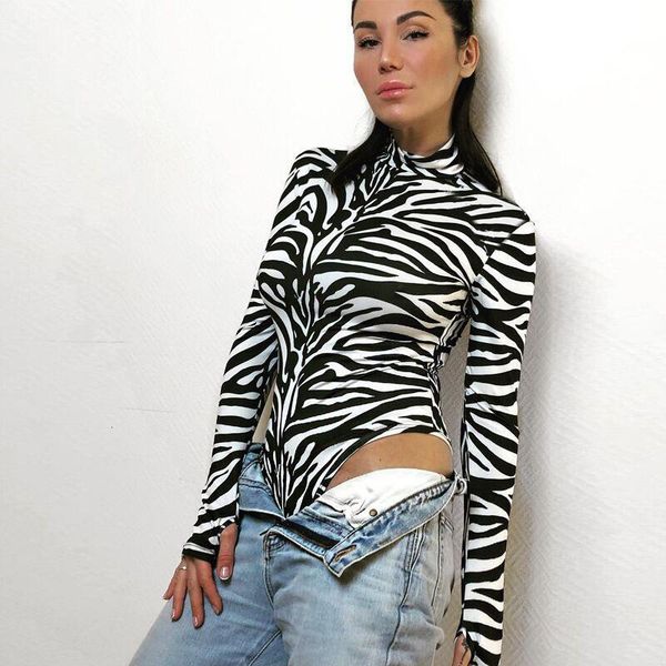 

zebra для печати водолазка bodysuit bodycon с длинным рукавом bodysuit женщины черный белый тела тощий sexy one piece romper комбинезонов, Black;white