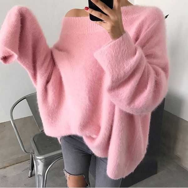 

women's sweaters fake mink cashmere women autumn winter pink jumper korean slash neck loose off shoulder oversized pullover, White;black
