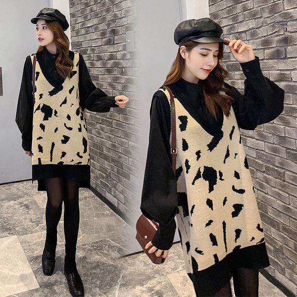 

2020 осень зима середине длинный экран красный новая мода трикотаж два верхних часть фонарь рукав вязаный свитер жилет топ жилет набор yfeew, White;black