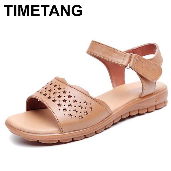 

timetang summer 2020 new hollow open toe genuine leather sandals practical comfort fashion sandals soft bottom wedge women, Black