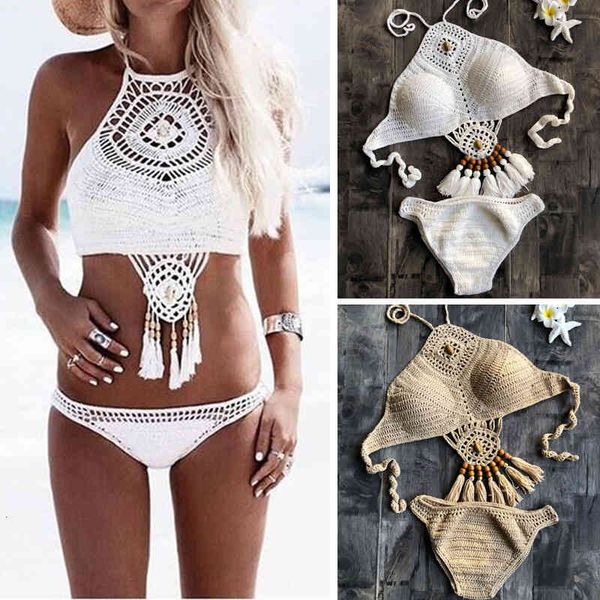 

summer crochet women solid bikini set halter tie bra swimsuit triangle bather suit swimming suit biquini, White;black