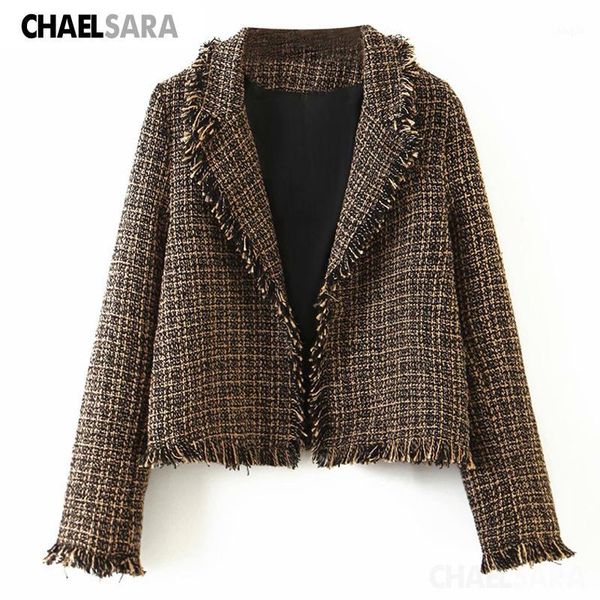 

vintage plaid tweed blazers jackets women autumn winter fashion notched tassel suit coat female outwear1, White;black