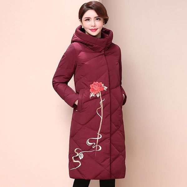 

chinese style white duck down 81% women fashion embroidery long down coats autumn and winter new hooded parkas women1, Black