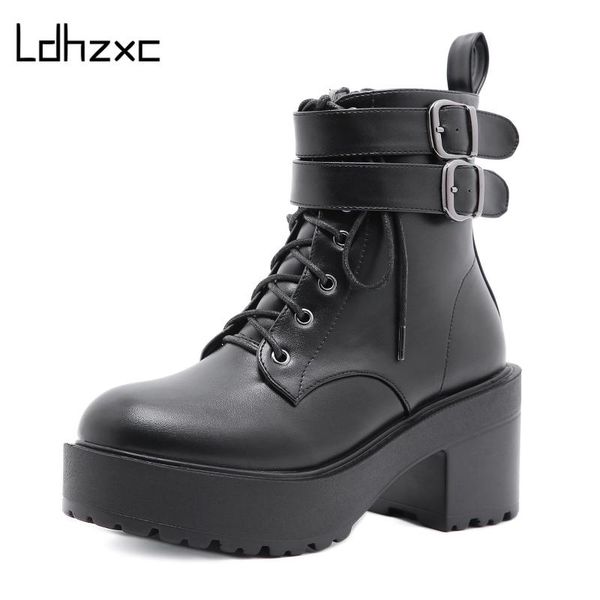 

ldhzxc 2020 fashion buckle ladies ankle boots punk style wedges high heel platform boots for women lace up sole shoes, Black