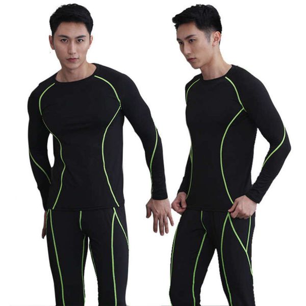 

piece sports tights suit men's two long sleeve fitness stretch foot basketball training bottoming running quick dry clothes, Gray
