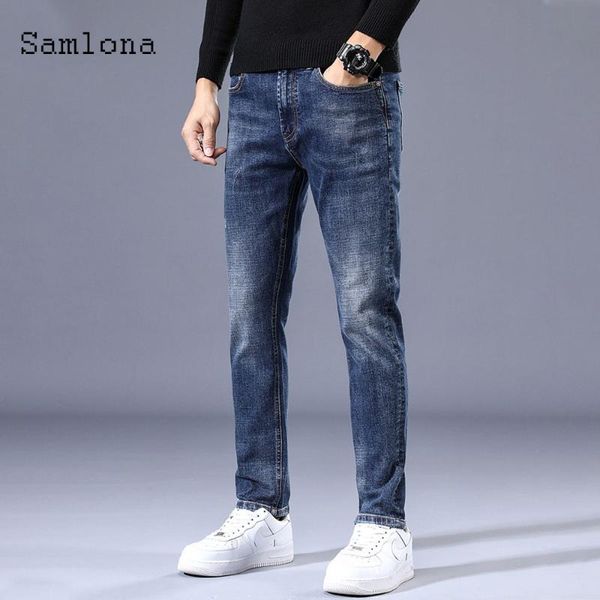 

samlona men jeans skinny demin pants trend 2020 spring autumn leisure pants streetwear male demin trousers korean slim pantalon, Blue