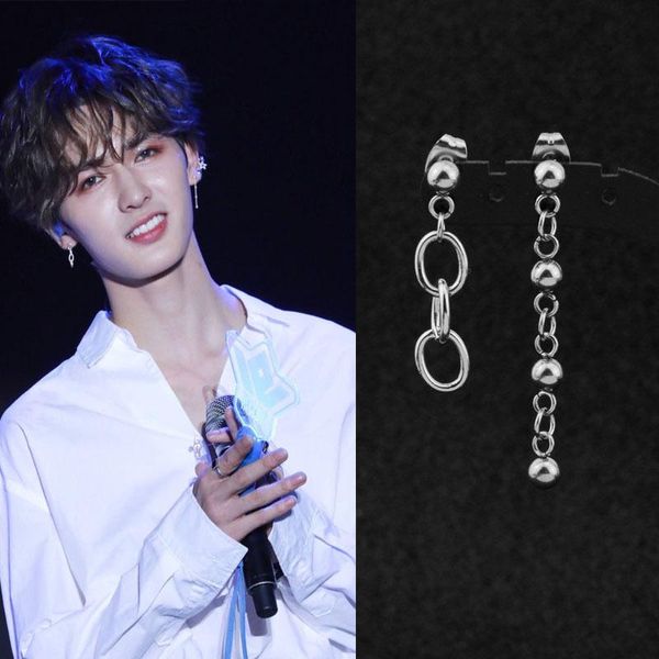 

kpop punk stainless steel asymmetric chain pendant earrings korean boy idol couple rock hip hop rap all-match gift bt-585, Golden;silver