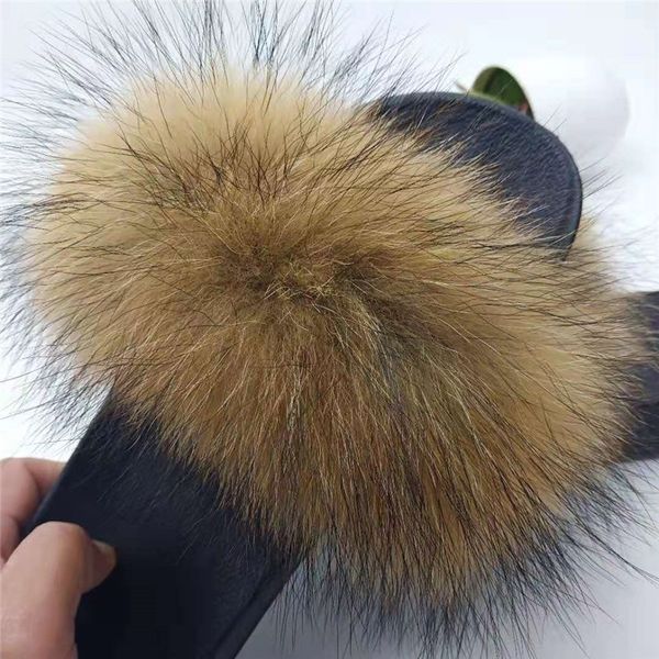 

women fluffy slippers real fox slides indoor flip flops casual woman raccoon fur sandals vogue plush shoes big size 45 y200424, Black