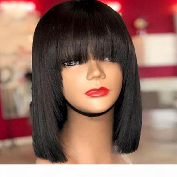 

9a full lace front wigs human hair with baby hair pre plucked brazilian virgin lace front bob wigs with bangs for black women, Black;brown