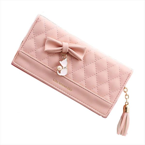 

women wallet female purse money bag long women leather purse card phone wallet tassel bow cute cat pendant letter zipper fashion, Red;black