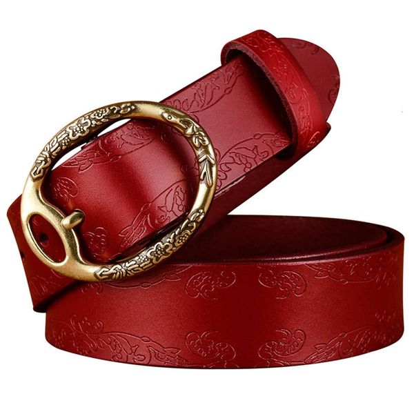 

women's pin buckle leather printing jeans with versatile casual fashion trend belt, Black;brown