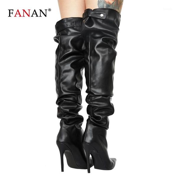 

boots fanan thigh high women heels over the knee woman pointed toe black party pleated long shoes female winter1