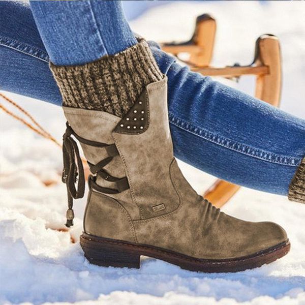 

boots 2021 warm suede women autumn winter lace up ladies shoes snow outdoor knitting patchwork female botas de mujer, Black