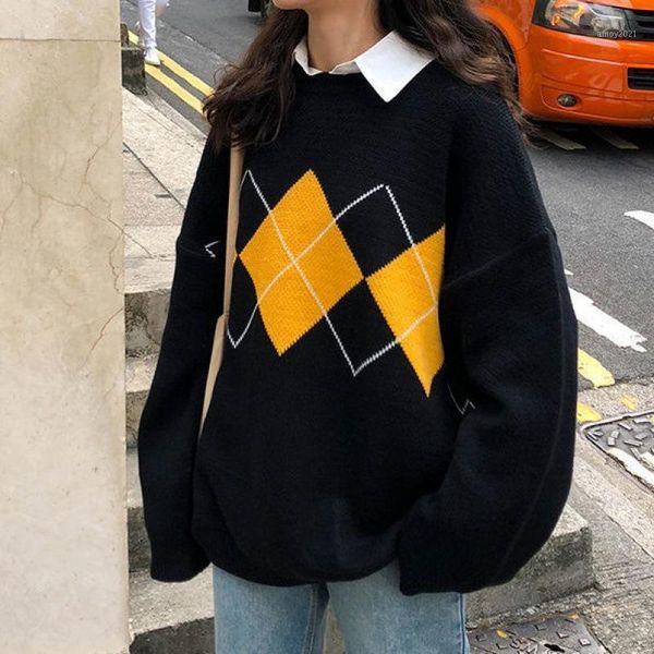 

women's sweaters sweater women autumn winter lazy loose long sleeve warming pullover knitting color contrast thickened round neck1, White;black