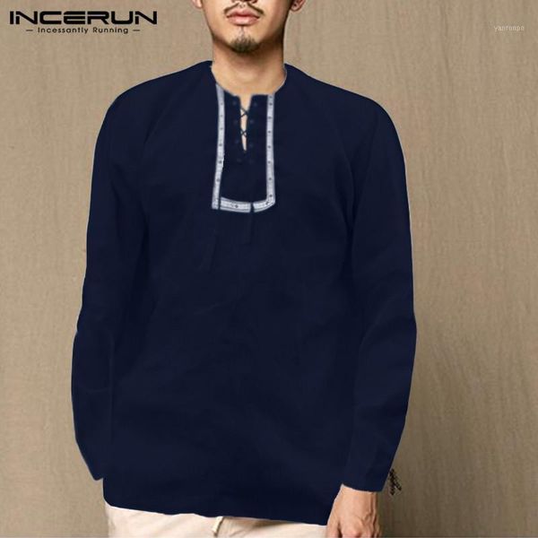 

incerun vintage men shirts solid color printed neck lace up casual retro nepal mens long sleeve ethnic style shirts 20201, White;black