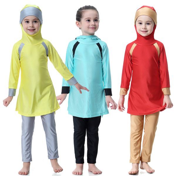 

Muslim Swimwears Hooded Two-Piece Suits Splice Islamic Children Modest Swimsuits Girls Islam Beach Wear Swimming Diving Burkinis, White