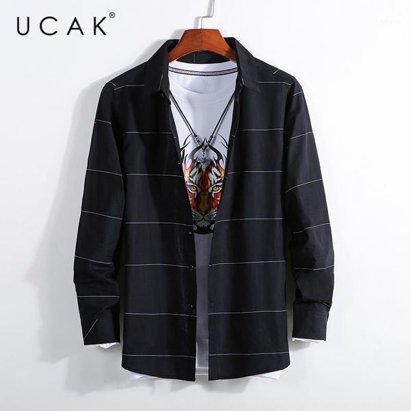 

ucak brand casual long sleeve striped shirts men clothing 2020 streetwear turn-down collar shirts homme autumn clothes u60831, White;black