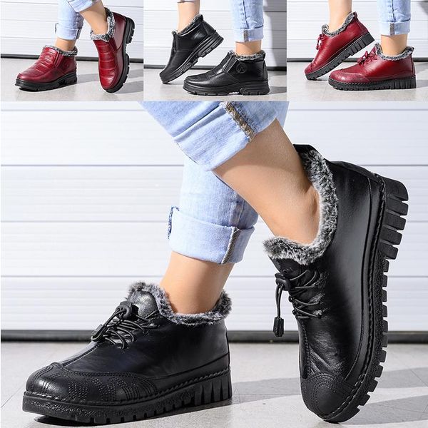 

boots woman snow 2021 winter shoes women pu leather women's waterproof super warm ladies slip on, Black