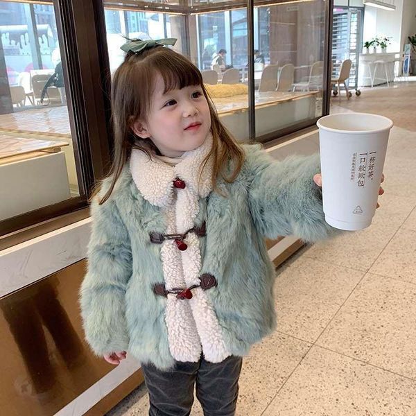 

spring winter girl horn button coat jackets warm fur mid-length clothing kids teenage children khaki blue thicken, Blue;gray