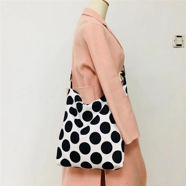 

soft high capacity shopping bag dots totes shoulder bag women ladies casual foldable reusable beach large canvas bags