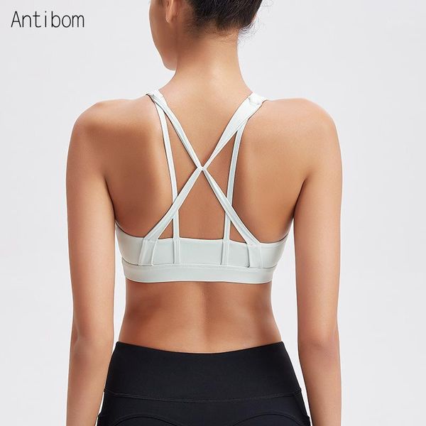 

gym clothing antibom fitness shockproof breathable brassiere cross back straps female sports vest stretchy padded solid running yoga bra1, White;black