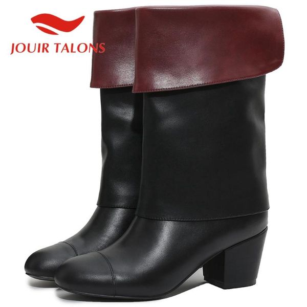 

jouir talons female shoes slip-on solid round toe chunky heels cow leather mid-calf autumn boots, Black