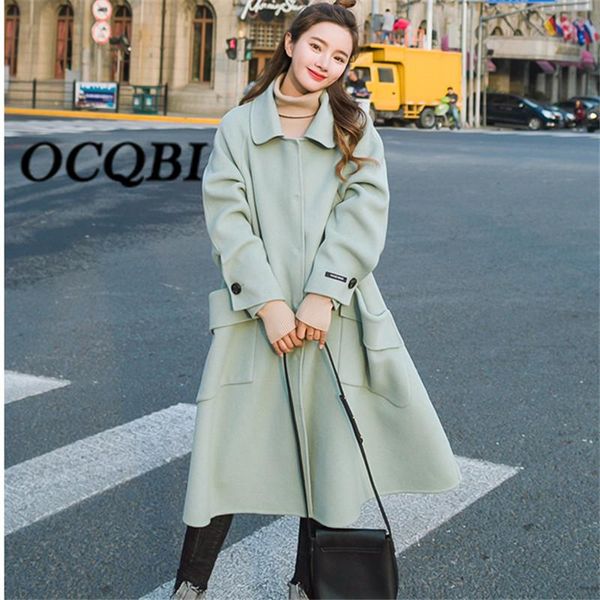 

causal loose long wool coat elegant korean women style pocket streetwear coats, Black