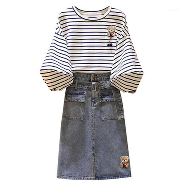 

new summer women's 2 piece sets fashion jeans skirts and striped t-shirts suits plus size female 2 suits embroidery loose sets1, White