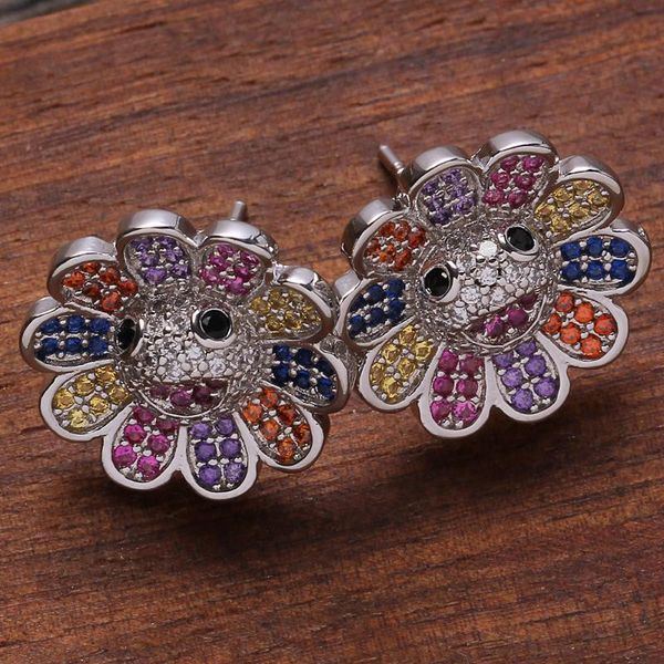 

stud 1pair micro pave rainbow cz crystal flower shape earrings happy face girlfriend gift silver color hip hop men women jewlry, Golden;silver