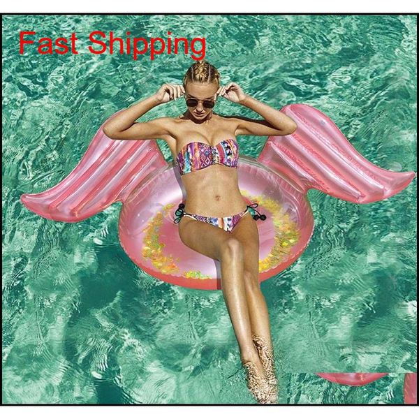 

2019 rose gold inflatable angel wings pool float with glitters inside inflatable mattress swimming ring tube beach sea party wksg9