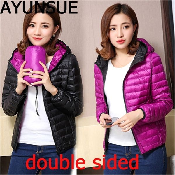 

ayunsue autumn winter women ultra light down jacket duck down double side jackets warm short coat parka outwear plus size 4xl x0923, Black