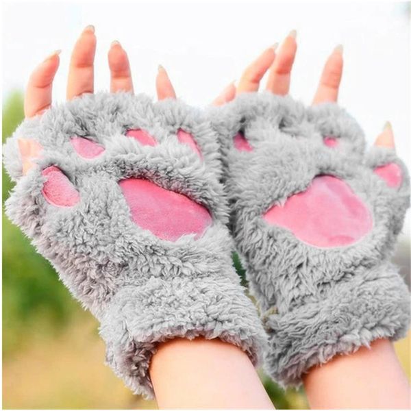 

ylwhjj winter cute cartoon girl fingerless cat claw warm thickened fluffy bear paw half finger gloves, Blue;gray