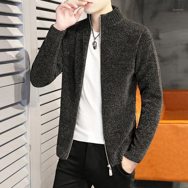 

knit sweater jacket men's cardigan autumn outer wear 2021 new solid color men's sweater chenille autumn and winter trend1, White;black