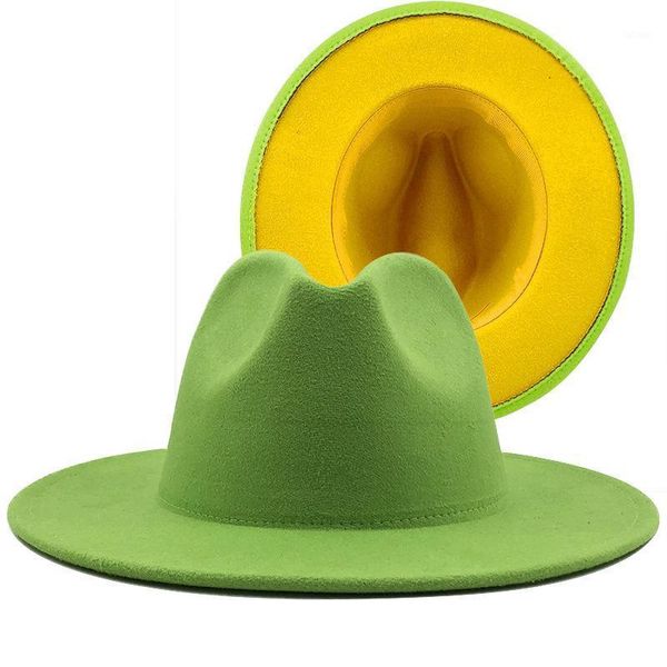 

wholesale trend outer yellow inner green patchwork faux wool felt fedora hats women men wide brim panama jazz caps1, Blue;gray