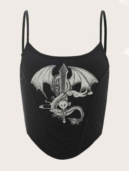 

dragon print asymmetrical hem cami s674#, White