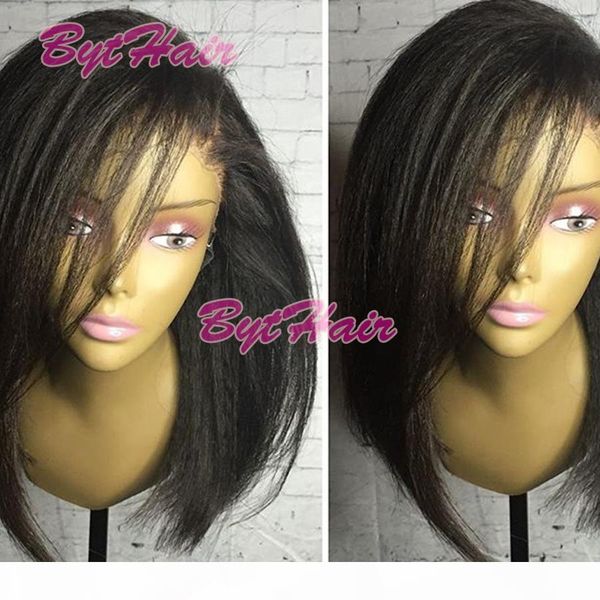 

bythair brazilian virgin hair full lace wig short straight hair lace front wig natural black color human hair bob wig, Black;brown