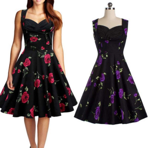 

dress new style swing print sleeveless a-line skirt, Black;gray