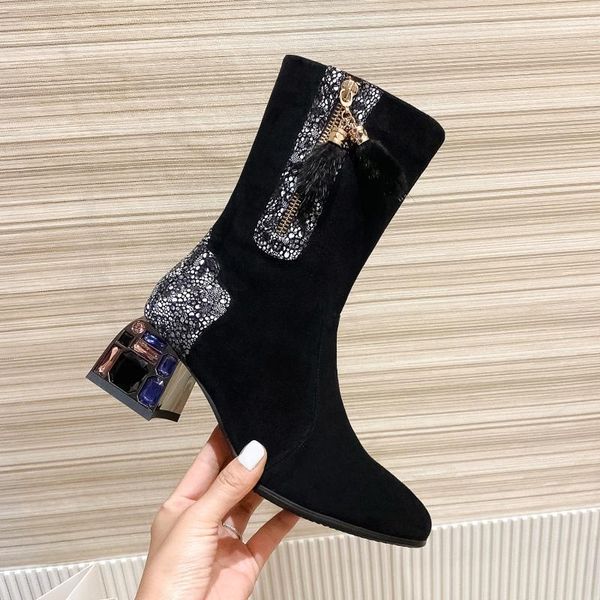 

stretch flock boots women sock ankle boot female round toe thick heels shoes ladies fashion suede boots winter 2020 new1, Black